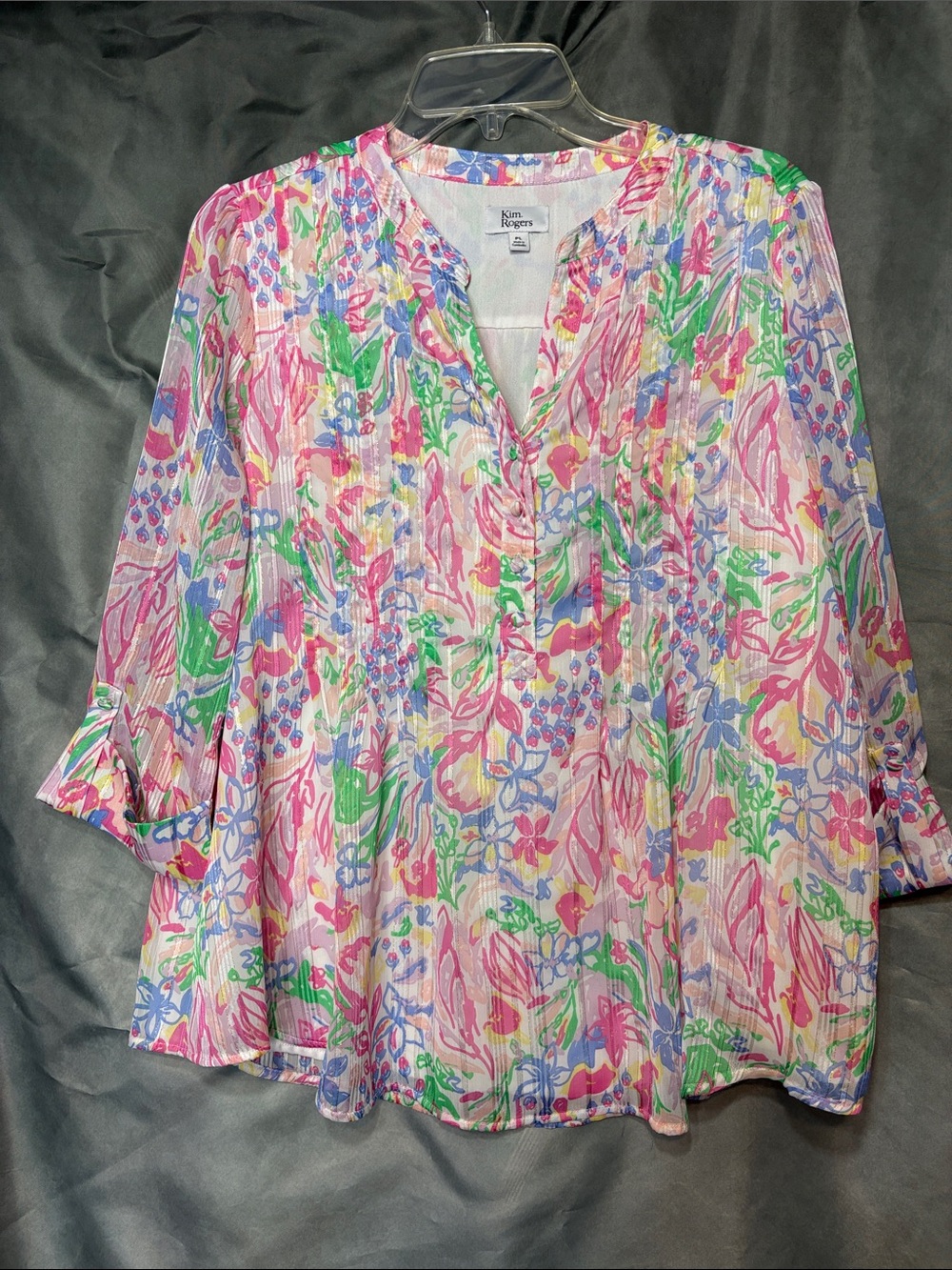 Kim Rogers Pink Floral Pintuck V-Neck Blouse